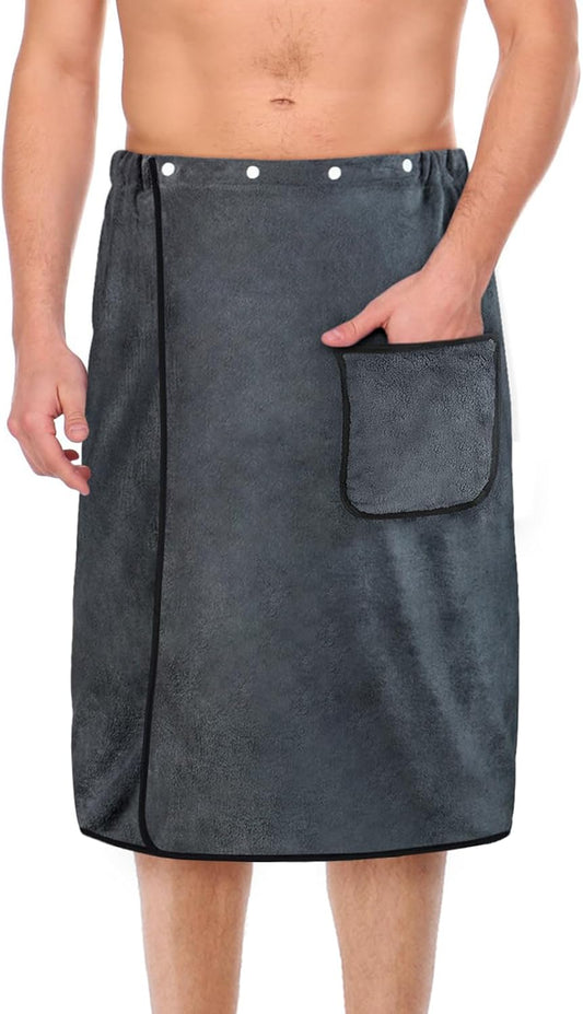 AOMIG Men's Towel Wrap with Pockets 80x150cm Large Grey Plush Soft Quick Dry Body Bath Towels Adjustable Towel Bathrobe
