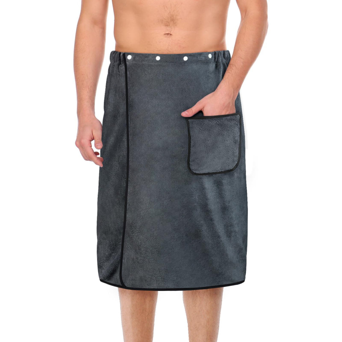 AOMIG Men's Towel Wrap with Pockets 80x150cm Large Grey Plush Soft Quick Dry Body Bath Towels Adjustable Towel Bathrobe
