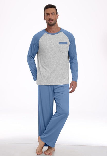 MLXSJ Mens Pajama Set Pjs Sleepwear Soft Comfy Sleep Set With Pocket S-3XL