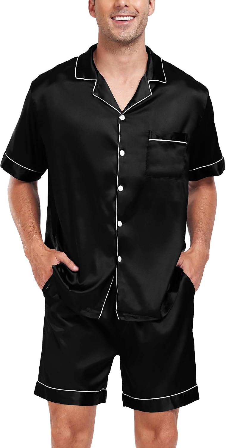 SWOMOG Men Satin Silk Pajamas Sets Short Sleeve Sleepwear Button-Down PJs Sets Two-Pieces Loungewear with Pockets