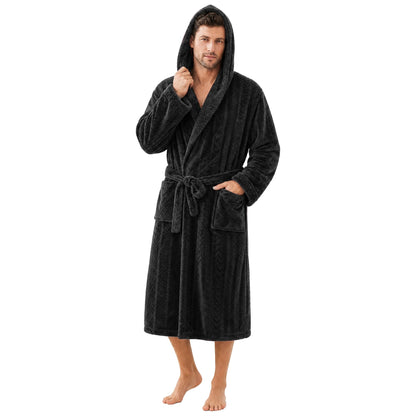 Mens Hooded Plush Robe, Ultra Soft Bathrobe for Men, Warm Cozy Fleece Robe with Pockets