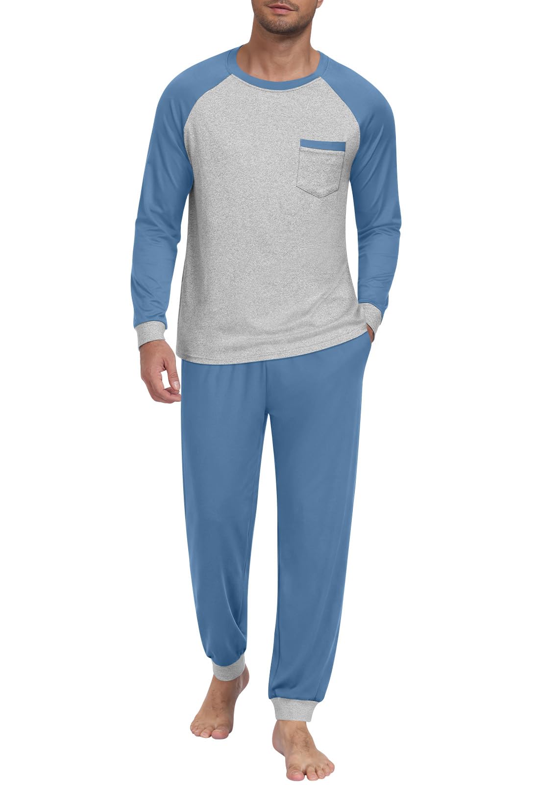 Mens Pajama Sets Long Sleeve Loungewear Pjs with Pockets