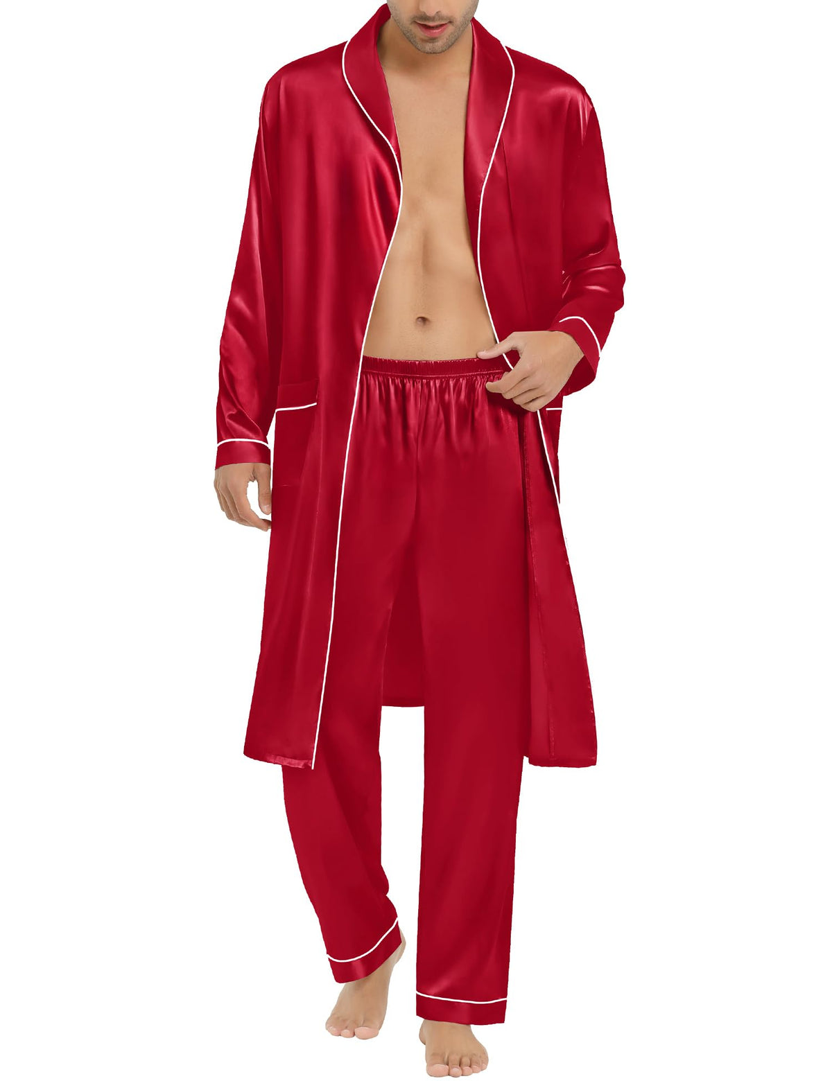 SWOMOG Men's Satin Robe Silky Kimono Bathrobe with Shorts Set Lightweight Soft Loungewear Nightwear