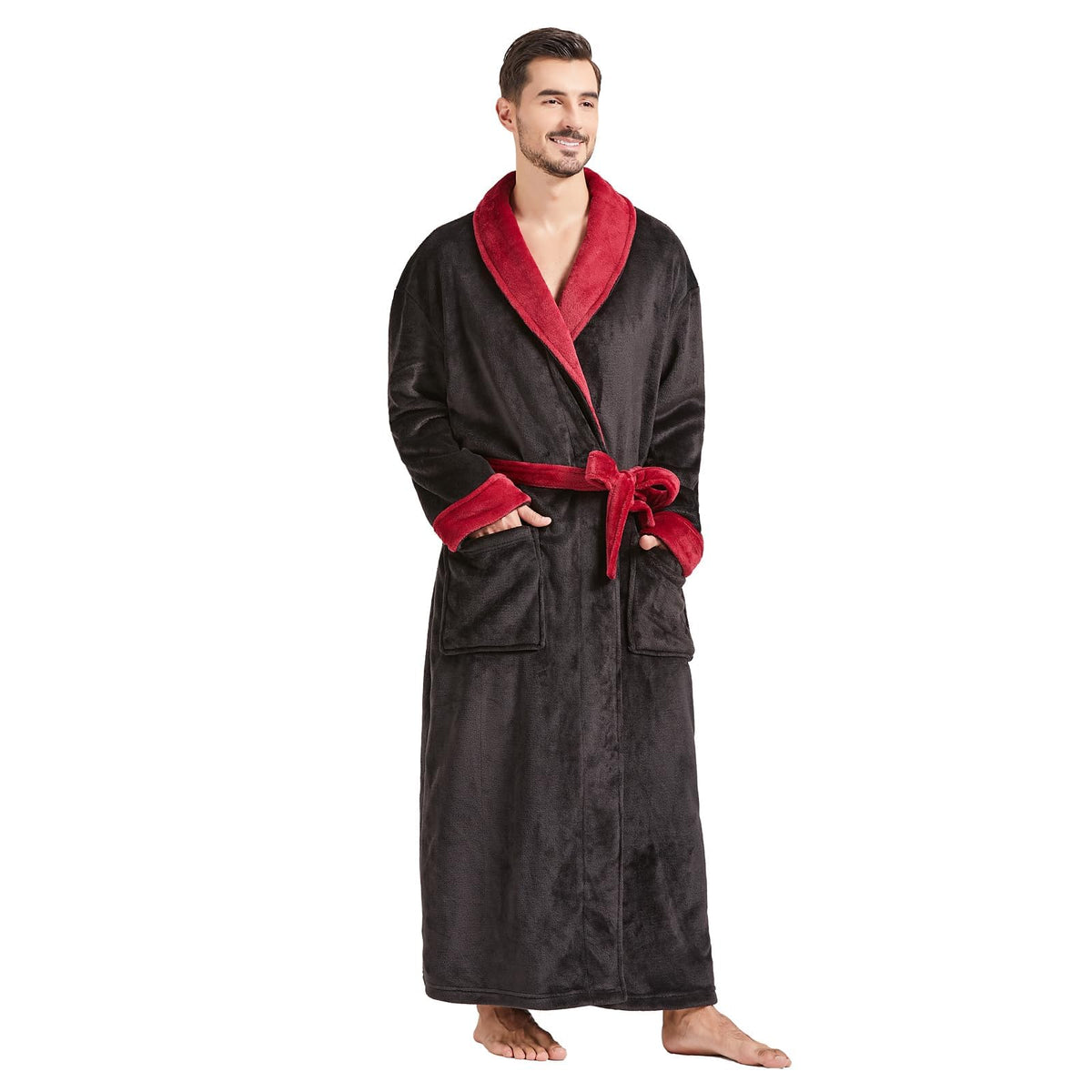 FashGudim Mens Robes Big and Tall Full Length Plush Fleece Long Robe for Men Bathrobe Shawl Collar Warm Winter House Robes