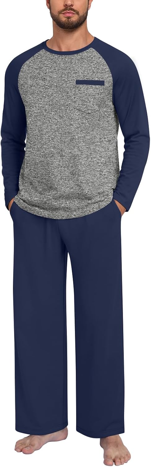 Anyhold Mens Pajamas Set Fall Long Sleeve Matching Couple Pjs Pocket