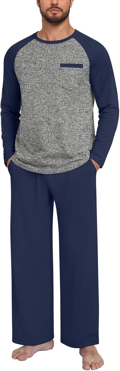 Anyhold Mens Pajamas Set Fall Long Sleeve Matching Couple Pjs Pocket