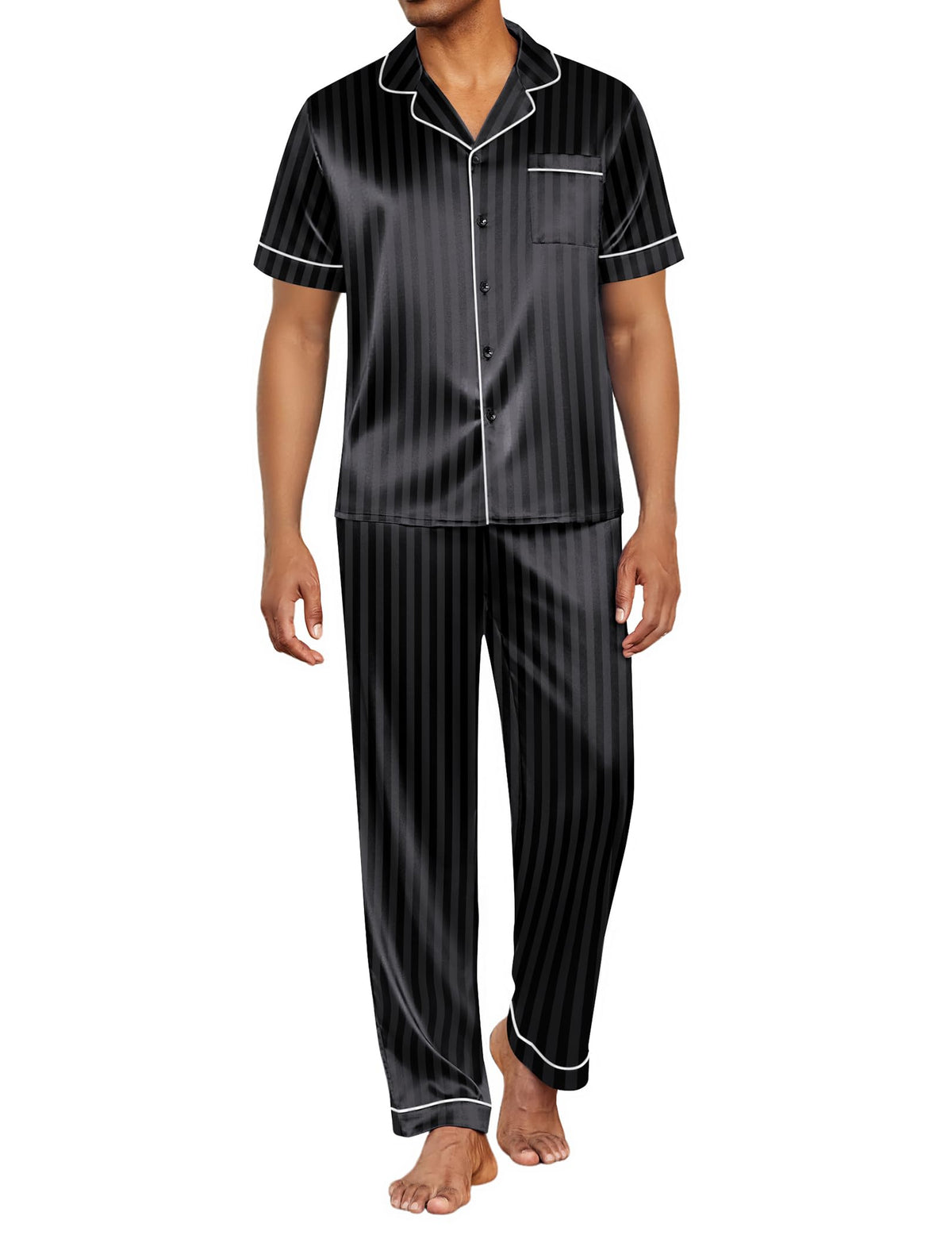 Ekouaer Mens Satin Pajama Set Short Sleeve Button Down Sleepwear with Pant