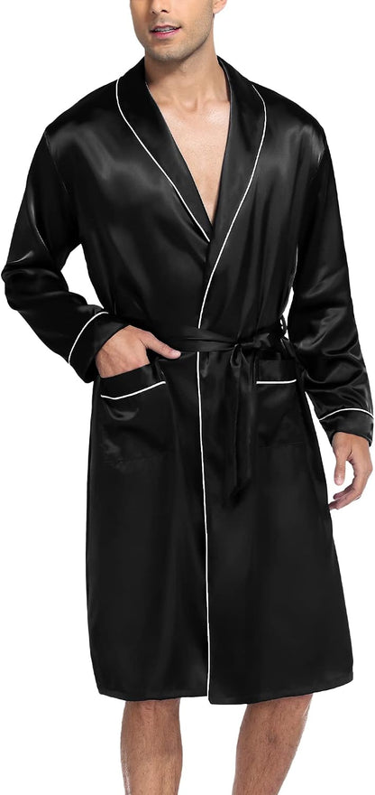 SWOMOG Men's Satin Robe Silky Kimono Bathrobe with Shorts Set Lightweight Soft Loungewear Nightwear