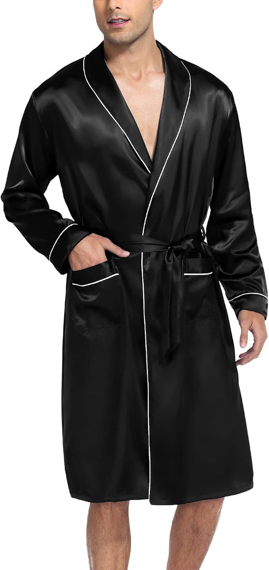 SWOMOG Men's Satin Robe Silky Kimono Bathrobe with Shorts Set Lightweight Soft Loungewear Nightwear