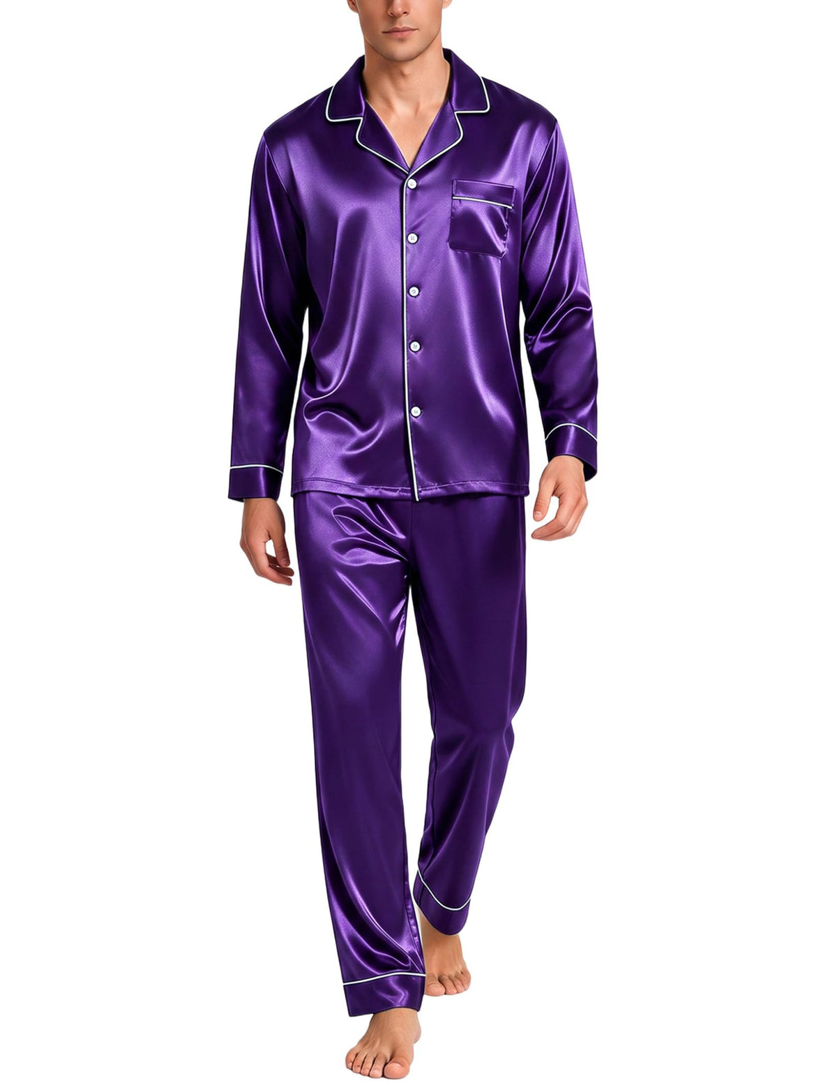 SWOMOG Mens Silk Satin Pajamas Set Long Sleeve Sleepwear Button-Down Pj Two-piece Loungewear with Long Pants S-XXL
