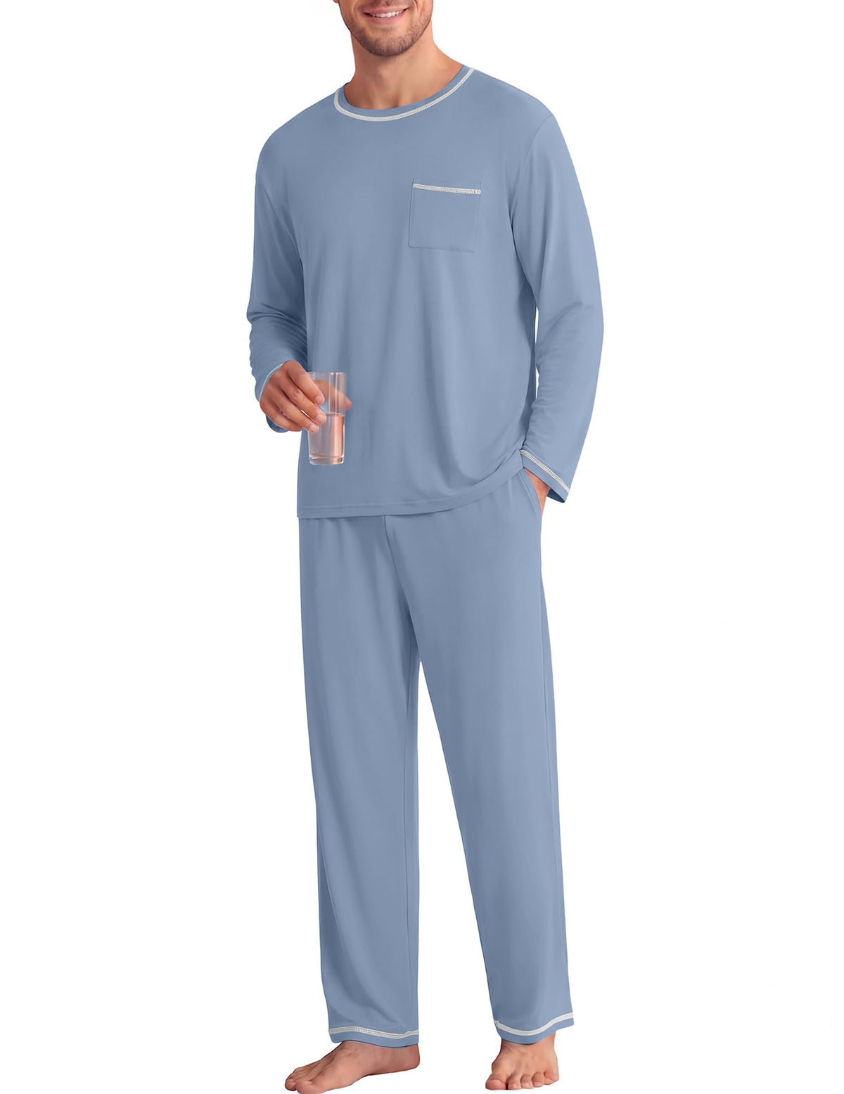 Ekouaer Mens Long Sleeve T-Shirt Pajama Set Soft 2 Piece Lounge Set