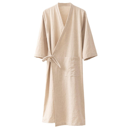 Men's Women's Cotton Linen Bathrobe Couples Japanese-Style Absorbent Quick-Drying Kimono Yukata Sauna Robe