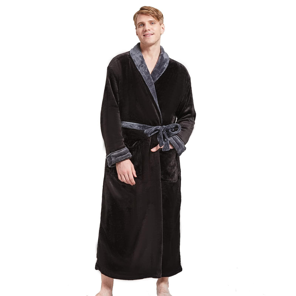 FashGudim Mens Robes Big and Tall Full Length Plush Fleece Long Robe for Men Bathrobe Shawl Collar Warm Winter House Robes