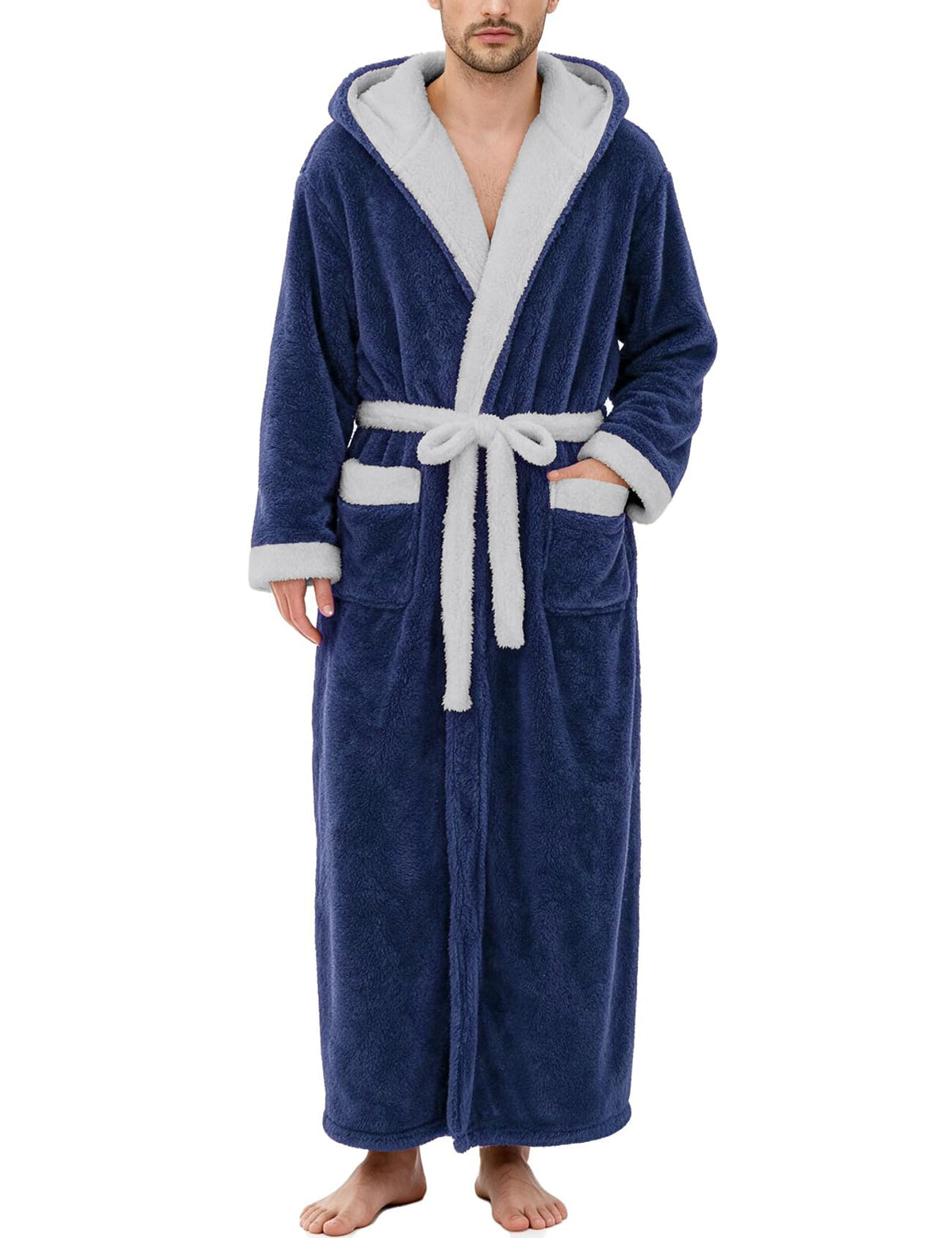 Flygo Mens Plush Hooded Robe Soft Fleece Full Length Bathrobe