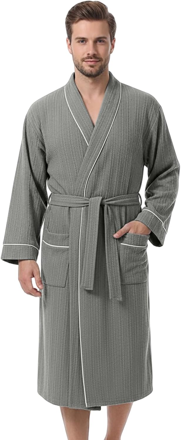 IGOLUMON Mens Robe, Calf-length Bathrobe with Pockets, Lightweight Robe for Men V-Neck Kimono Sleepwear