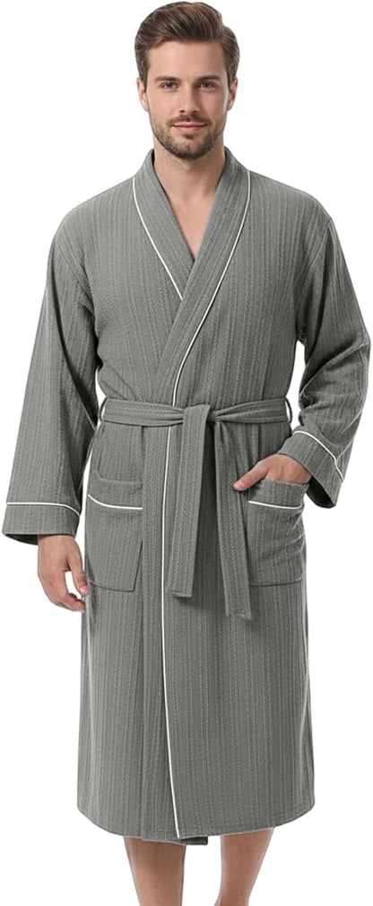 IGOLUMON Mens Robe, Calf-length Bathrobe with Pockets, Lightweight Robe for Men V-Neck Kimono Sleepwear