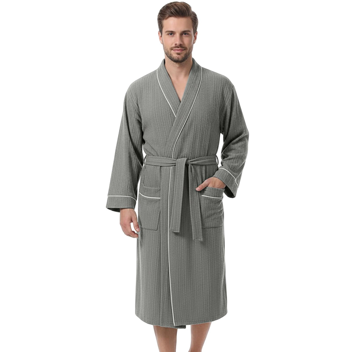 IGOLUMON Mens Robe, Calf-length Bathrobe with Pockets, Lightweight Robe for Men V-Neck Kimono Sleepwear