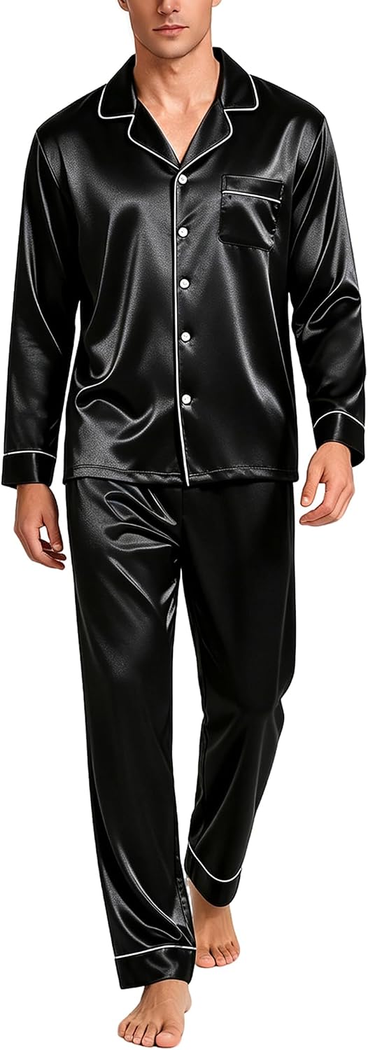 SWOMOG Mens Silk Satin Pajamas Set Long Sleeve Sleepwear Button-Down Pj Two-piece Loungewear with Long Pants S-XXL