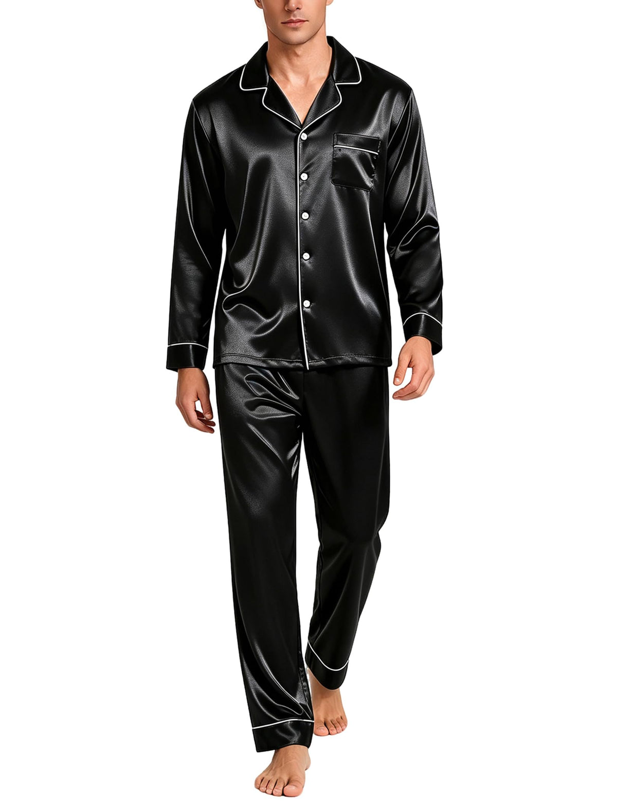 SWOMOG Mens Silk Satin Pajamas Set Long Sleeve Sleepwear Button-Down Pj Two-piece Loungewear with Long Pants S-XXL