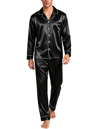 SWOMOG Mens Silk Satin Pajamas Set Long Sleeve Sleepwear Button-Down Pj Two-piece Loungewear with Long Pants S-XXL