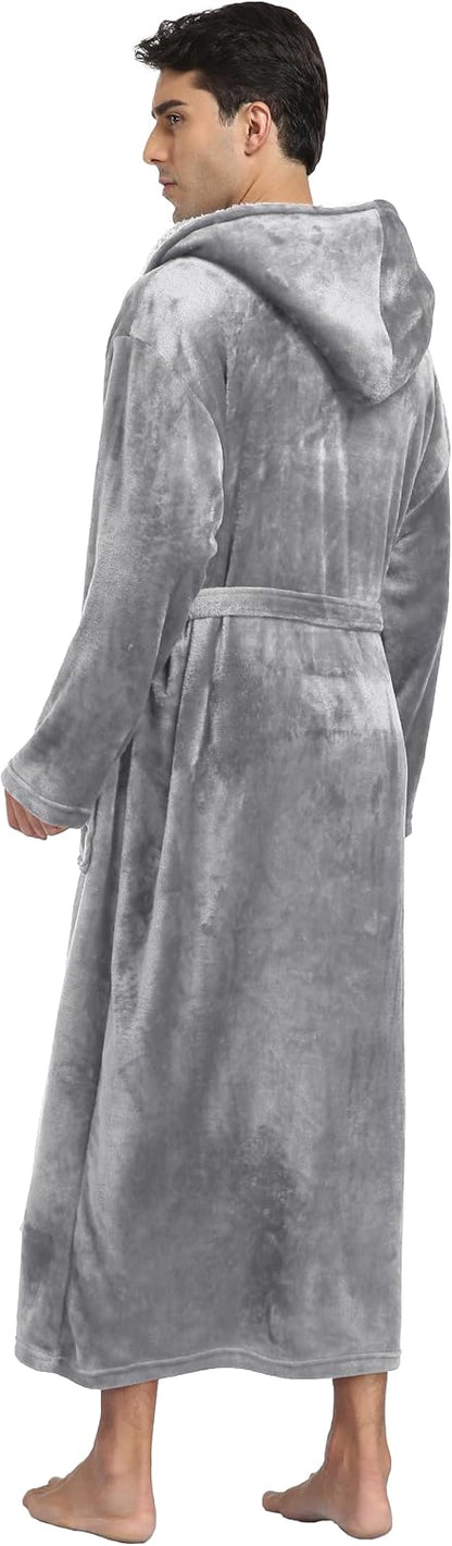 Mens Long Flannel Robes with Hood Plush Warm Bathrobes Cozy Fleece Spa Robe