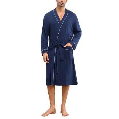 Mens Lightweight Robe Cotton Blend Kimono Bathrobe with Pockets, Soft Breathable Absorbent Loungewear for Home