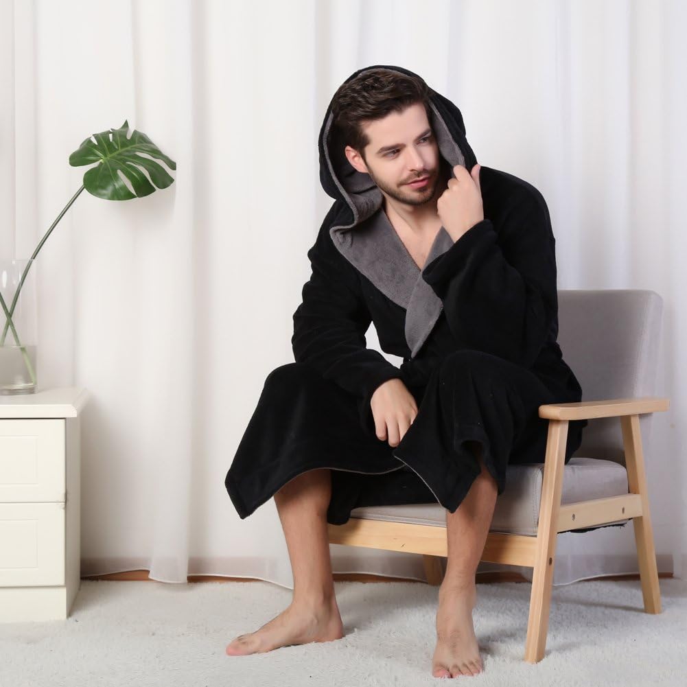 KEMUSI Hooded Herringbone Men's Soft Spa Full Lenght Bathrobe,Comfy Full Length Warm Nightdress