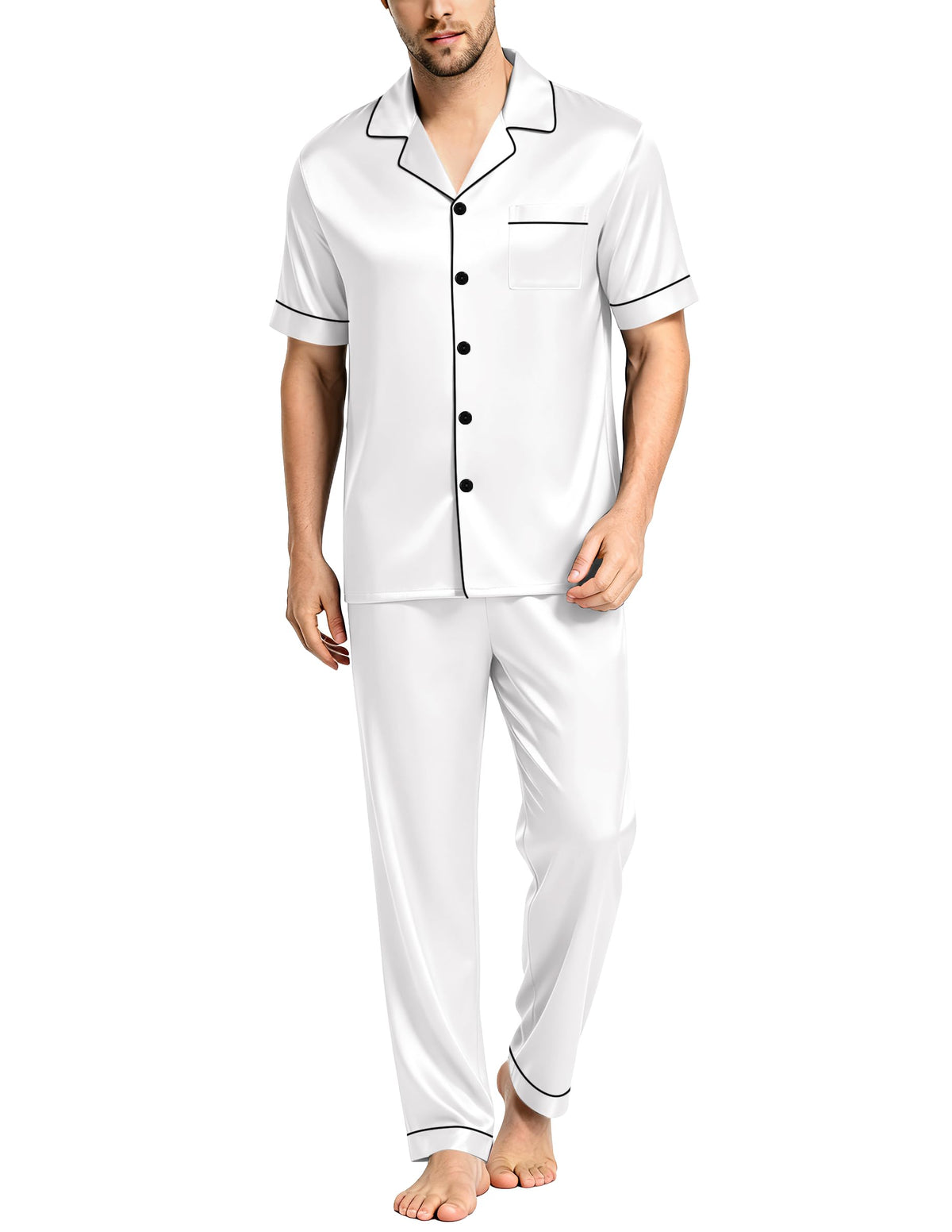 SWOMOG Mens Satin Pajama Set Short Sleeve Classic Sleepwear Button Down Silky Loungewear with Long Pants