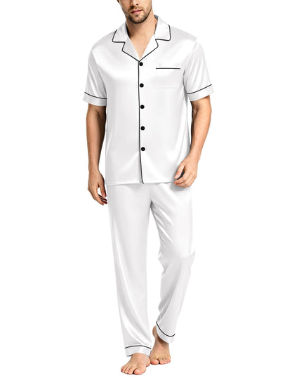 SWOMOG Mens Satin Pajama Set Short Sleeve Classic Sleepwear Button Down Silky Loungewear with Long Pants