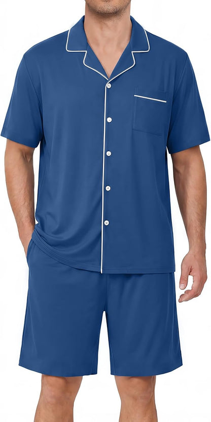 Ekouaer Mens Pajama Set Summer Short Sleeve Button Up Pjs 2 Piece Sleepwear
