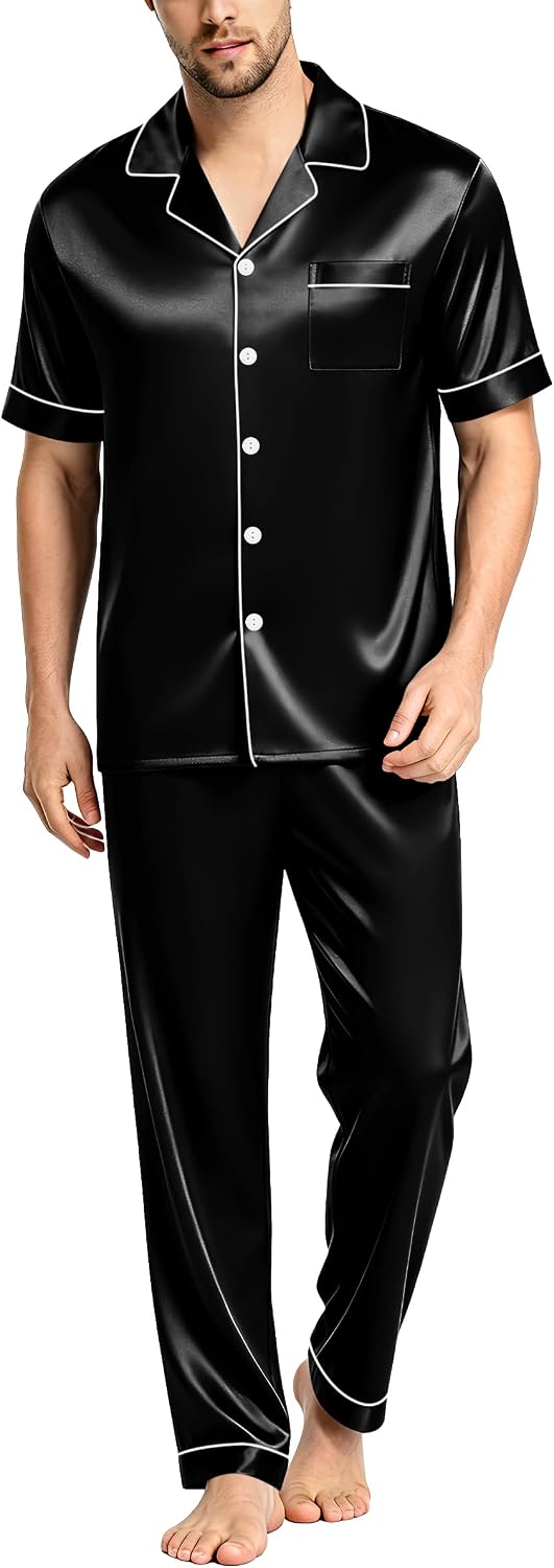 SWOMOG Mens Satin Pajama Set Short Sleeve Classic Sleepwear Button Down Silky Loungewear with Long Pants