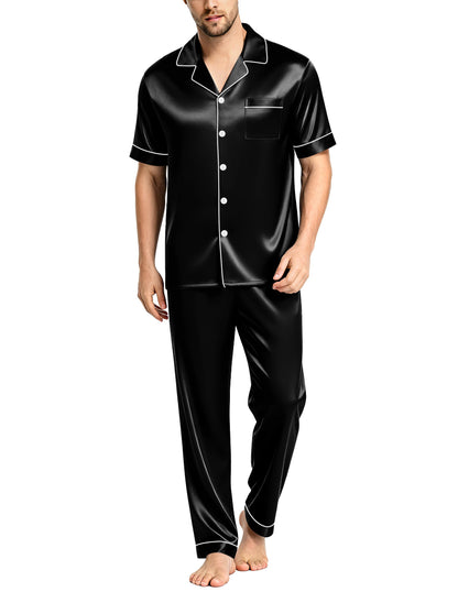SWOMOG Mens Satin Pajama Set Short Sleeve Classic Sleepwear Button Down Silky Loungewear with Long Pants