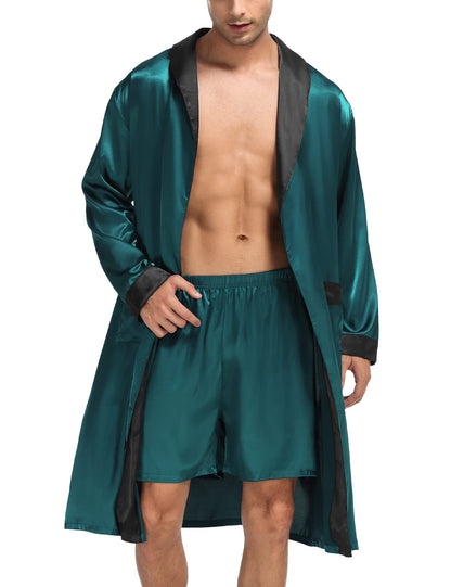 SWOMOG Men's Satin Robe with Shorts Set Silky Kimono Bathrobe Lightweight Soft Sleepwear