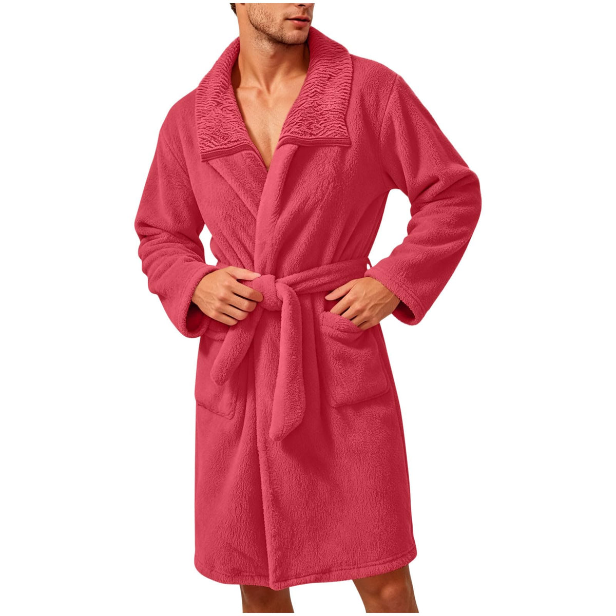 Robe for Men Fuzzy Fleece Collared Long Sleeve Thermal Bathrobe