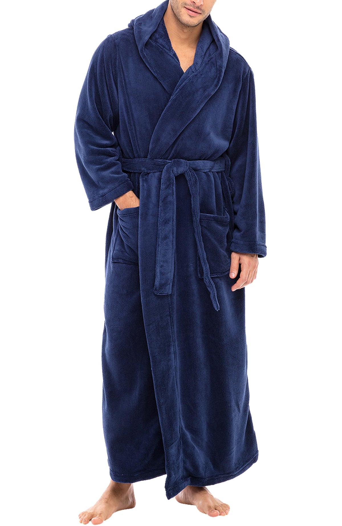 Men's Plush Fleece Hooded Robe with Pockets, Long Bathrobe