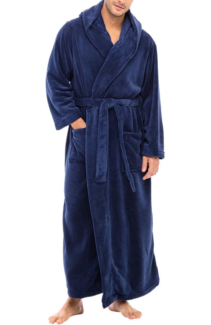 Men's Plush Fleece Hooded Robe with Pockets, Long Bathrobe
