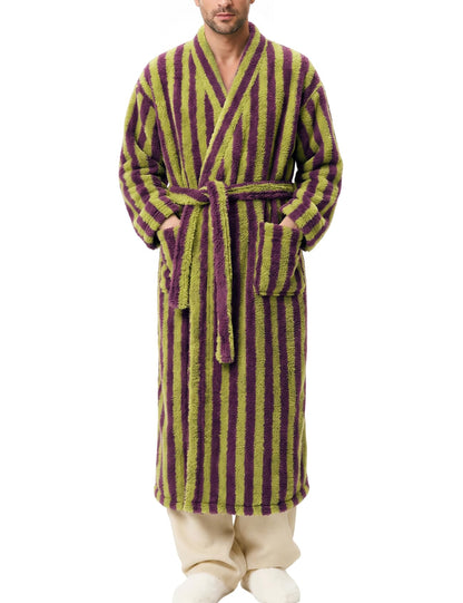 Arssm Mens Striped Plush Robe Long Fluffy Fuzzy Cozy Bathrobe
