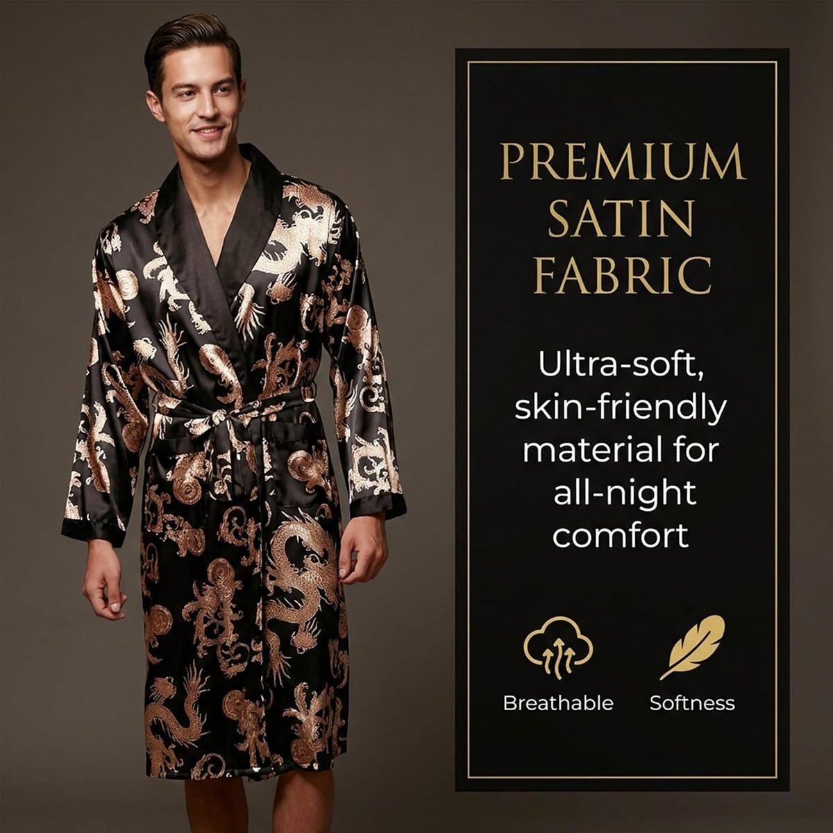 Men's Satin Robe Kimono Bathrobe Long Sleeve Spa Robe