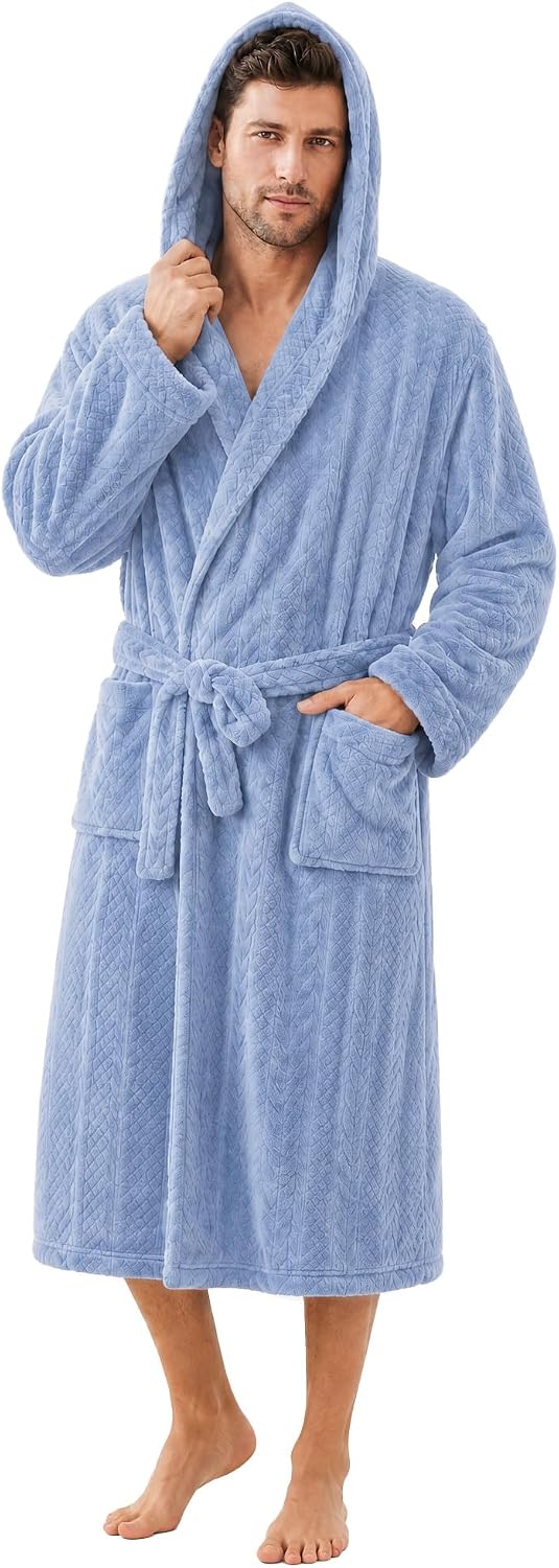 Mens Hooded Plush Robe, Ultra Soft Bathrobe for Men, Warm Cozy Fleece Robe with Pockets