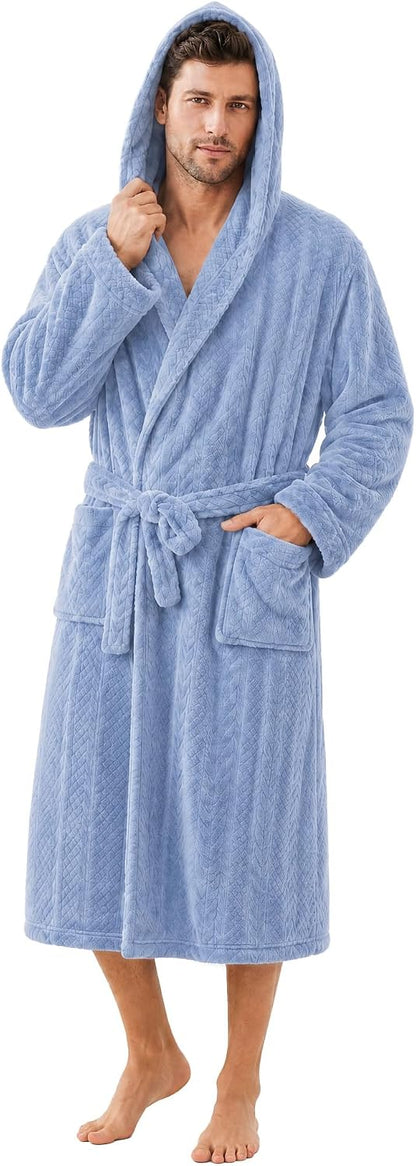Mens Hooded Plush Robe, Ultra Soft Bathrobe for Men, Warm Cozy Fleece Robe with Pockets