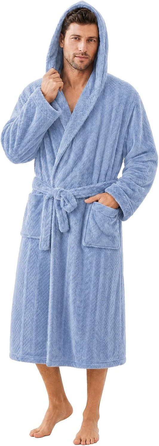 Mens Hooded Plush Robe, Ultra Soft Bathrobe for Men, Warm Cozy Fleece Robe with Pockets