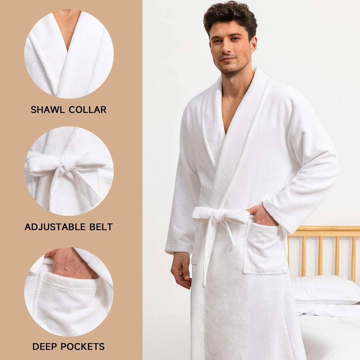 Men's Towel Robe with Shawl Collar Bathrobe, Absorbent Terry Cloth Robe for Men with Pockets, Quick-Dry Home Spa