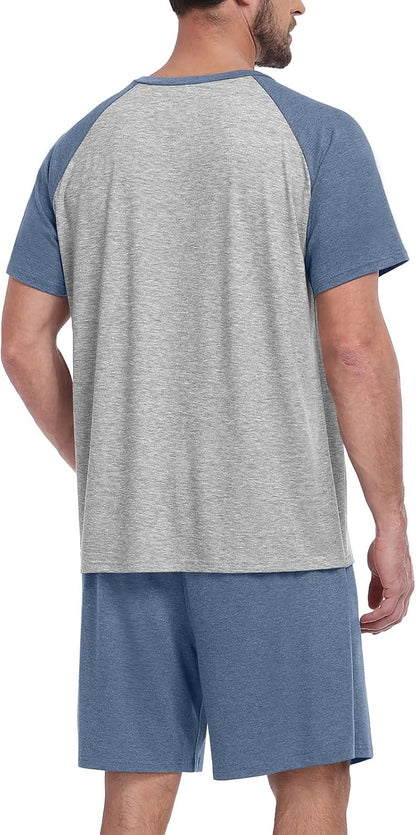 MLXSJ Mens Pajama Set Summer Pjs Sleepwear Soft Sleep Set With Pocket S-3XL
