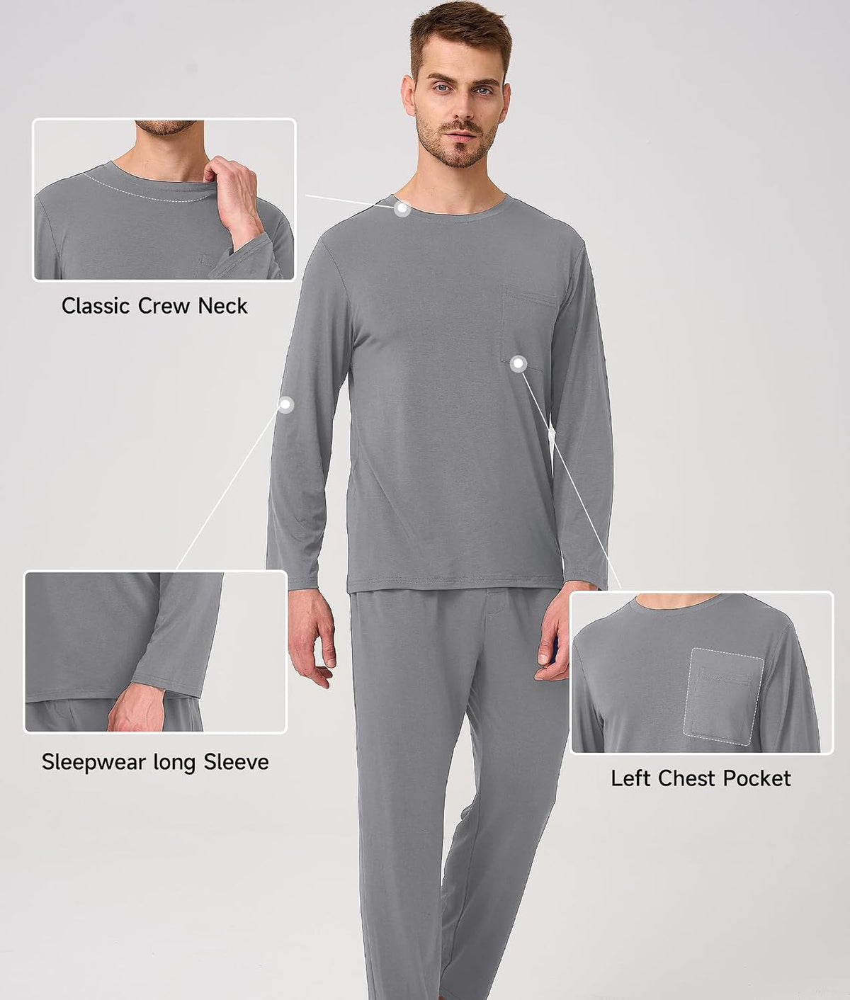 BAMBOO COOL Men's Pajama Set Long Sleeve PJs with Pants & Pockets