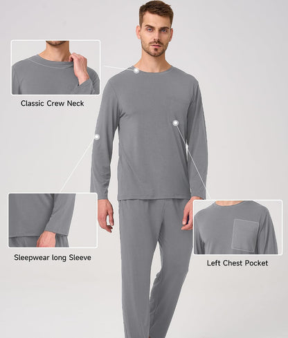 BAMBOO COOL Men's Pajama Set Long Sleeve PJs with Pants & Pockets