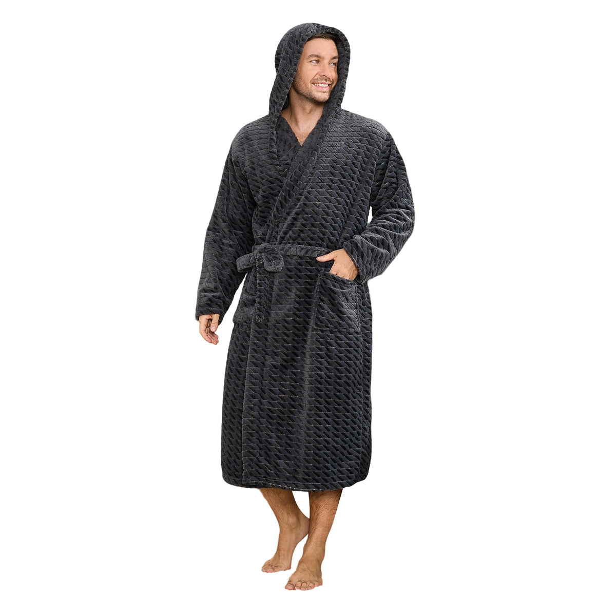 U2SKIIN Mens Plush Fleece Hooded Robe, Soft Warm Long Bathrobe with Pockets, Cozy Spa Shower Robe for Men