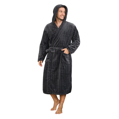 U2SKIIN Mens Plush Fleece Hooded Robe, Soft Warm Long Bathrobe with Pockets, Cozy Spa Shower Robe for Men