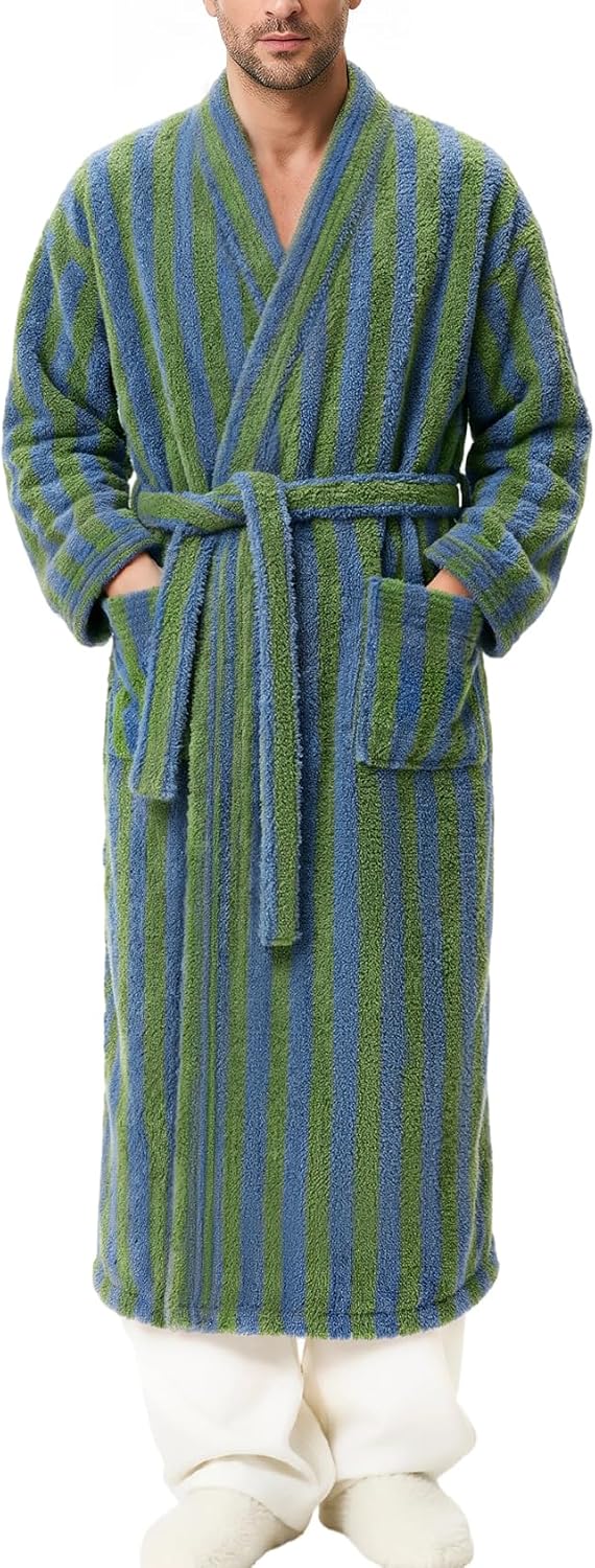 Arssm Mens Striped Plush Robe Long Fluffy Fuzzy Cozy Bathrobe