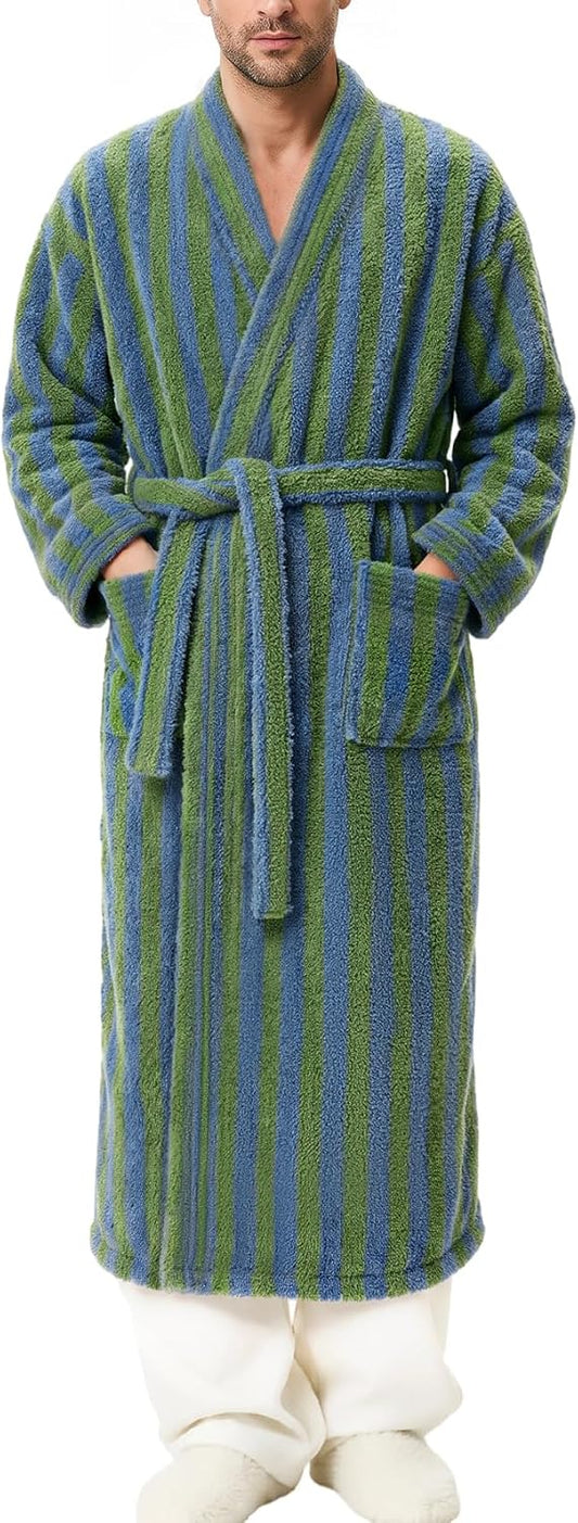 Arssm Mens Striped Plush Robe Long Fluffy Fuzzy Cozy Bathrobe