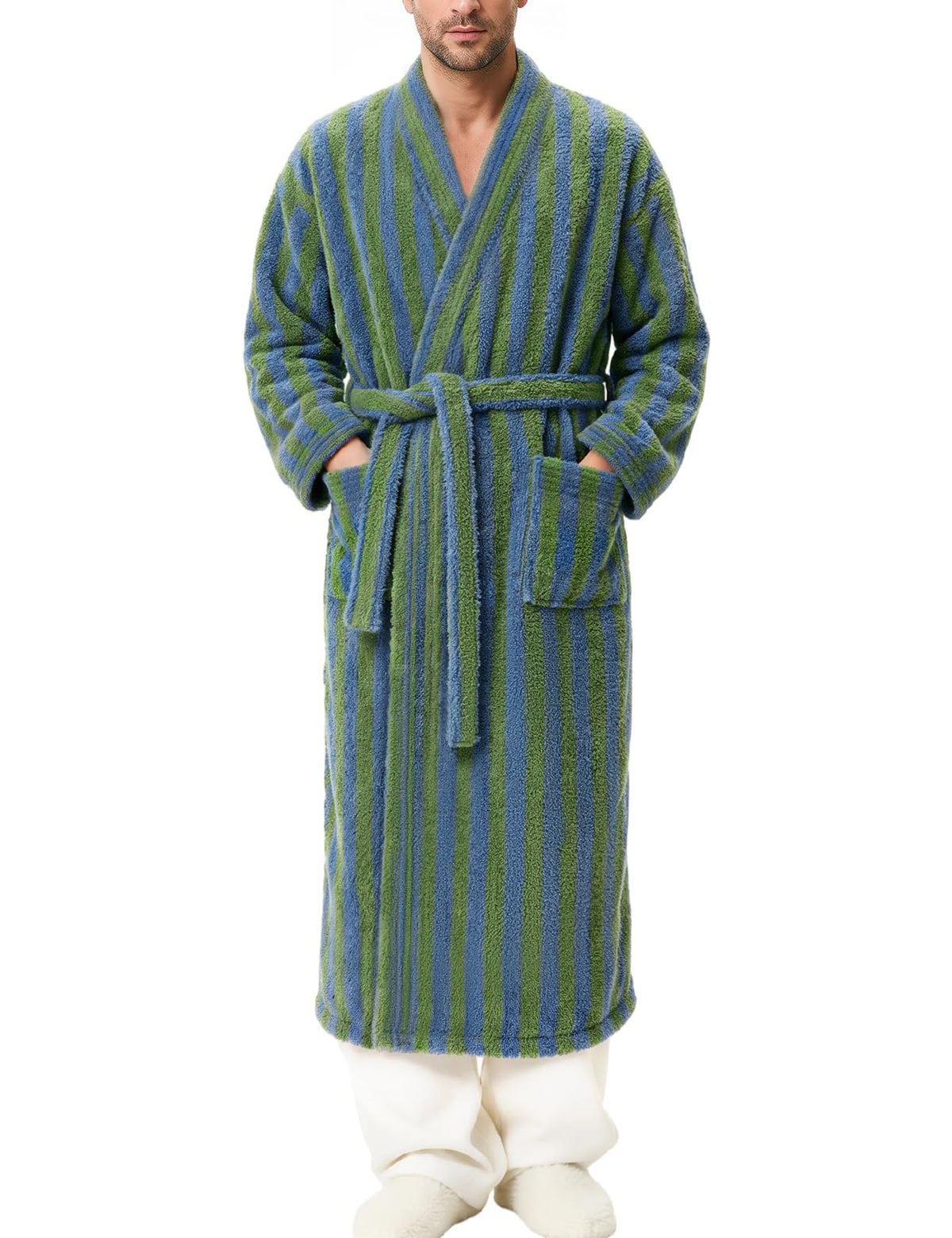 Arssm Mens Striped Plush Robe Long Fluffy Fuzzy Cozy Bathrobe